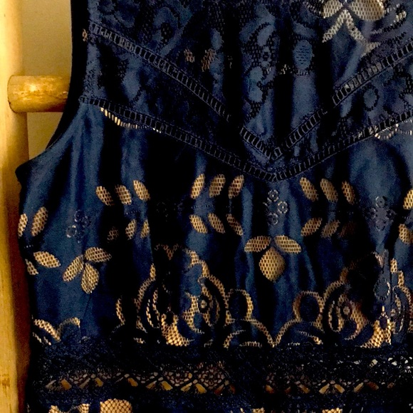 Navy Blue Lace Empire Waist Dress - Picture 2 of 6